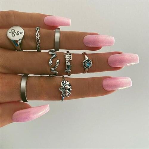 Tocona 8pcs/sets Vintage Silver Color Lotus Joint Ring for Women Letter Shiny Rhinestone Gemetric Wedding Ring Jewelry 15841