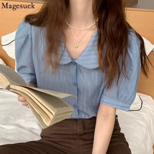Vintage Striped Summer Shirt Korean Tops Casual Sweet Women Blouse Loose Doll Collar Puff Short Sleeve Shirt Blusas Mujer 14819