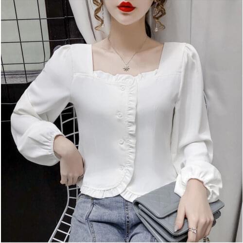 Female BlousePure Color Chiffon Shirt Ladies Autumn Slim Temperament Square Collar Long Sleeves Ruffled Short Bottoming Shirts