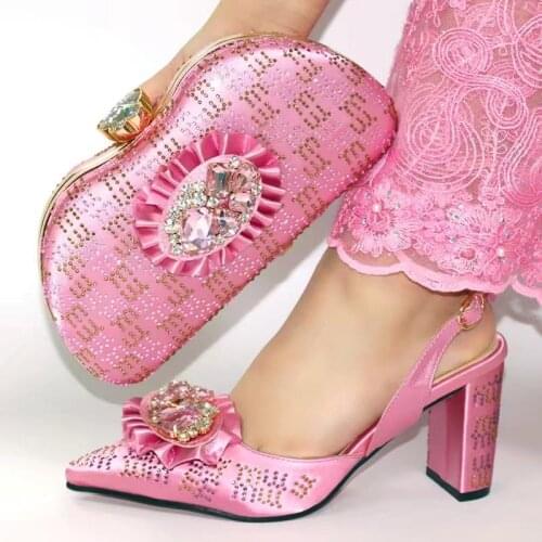 Hot sale pink women pumps match handbag set with crystal decoration african shoes and bag for party dress V276,heel 9CM