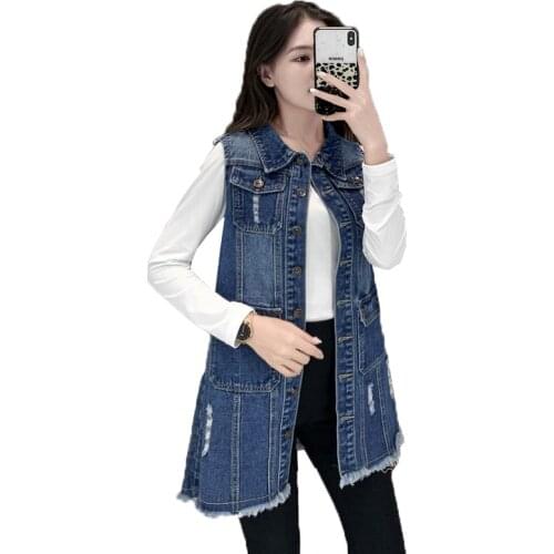 Mid-length Women Blue Denim Vest Plus Size 6XL Spring autumn New 2020 Fashion Casual Vest Womens Hole Denim Vests Jacket R158