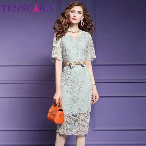 TESSCARA Women Summer Elegant Lace Dress Festa High Quality V-neck Cocktail Party Robe Femme Vintage Designer Pencil Vestidos