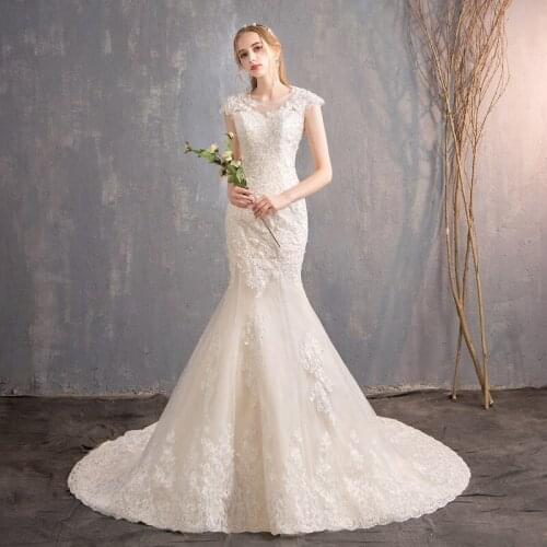 2022 New Arrival O Neck Cap Sleeves Plus Size Mermaid Wedding Dresses Appliqued Bead Sequined Lace Bridal Gown Vestidos De Novia