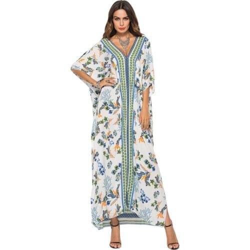 New Vintage Bohemian Maxi Dress For Women V-neck Bat Sleeve Loose Print Female Beach Holiday Boho Sundress Fashions 2021