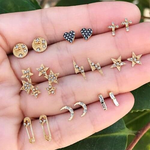 9 Pairs Boho Moon Heart Crystal Stud Earrings Set for Woman Ear Clip Jewelry Dazzling Earring Bijoux Wholesale 2020 Trend