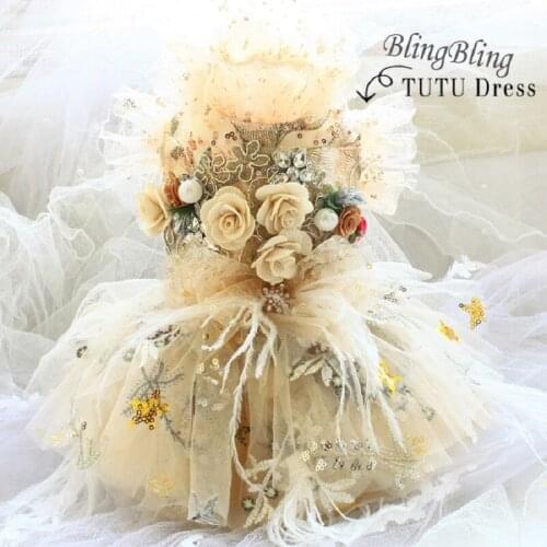 Free Shipping Handmade Dog Clothes Noble Champagne Color 3D Flower Gem Soft Tulle Dog Dress Pet Cat Outfit Yorkie Maltese Poodle