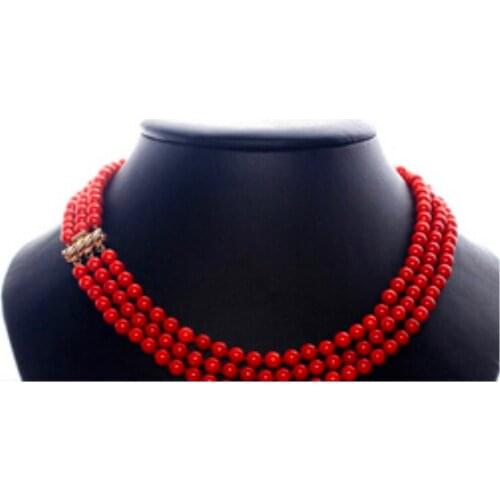 Beautiful 17" 3 Strands 6mm Round Red Coral Necklace