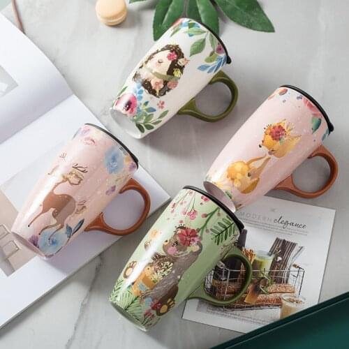 Creative Coffee Mug Hand-painted Forest Animal Ceramic Mug Large Capacity Water Mug With Cover Office Home Cute Coffee Mug