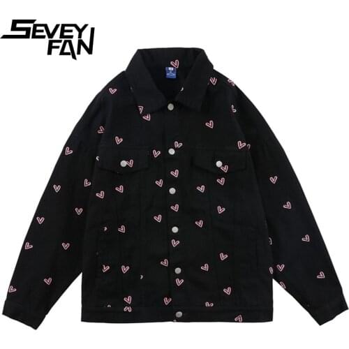 SEVEYFAN Mens Fashion Love Pattern Embroidery Denim Jacket Hi Street Oversize Jean Coat Streetwear for Male
