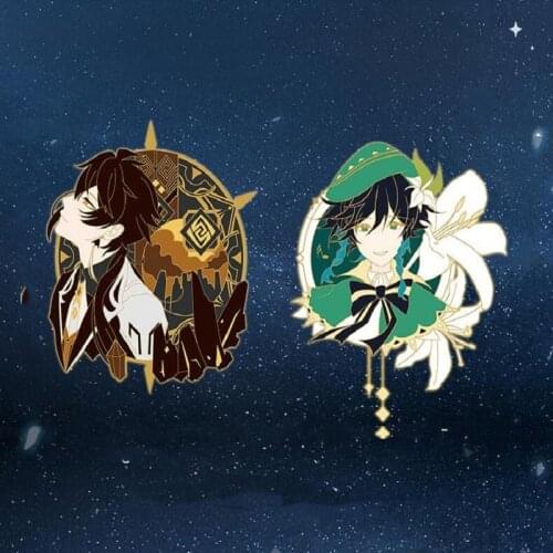 Anime Genshin Impact Barbatos Venti Keqing Zhongli Metal Badge Button Brooch Pins Collection Medal Pendant Costume Cosplay Gift