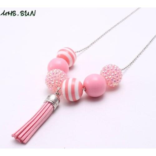 MHS.SUN Cute Pink Tassel Pendant Chain Necklace Girls Kids Chunky Beads Necklace Fashion Design Child Beaded Jewelry New