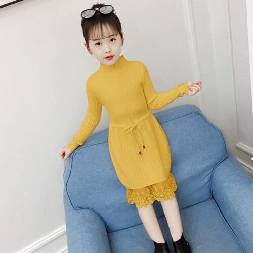 Girls Trendy Lace Embroidered Spliced Knitted Princess Dresses Fall Winter New Children Long Kniting Sweaters Kids Knitwear B393