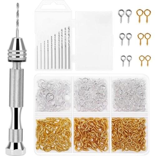 Resin Tools Kit with 1Pcs Pin Vise Hand Drill 10Pcs Drill Bits and 400Pcs Screw Eye Pins for DIY Keychain Pendant Making