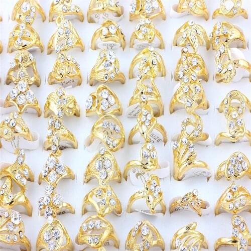 Wholesale Lots Assorted 24Ps Oversize Crystal Cubic Zirconia Rhinestone Gold P Ring Band Wedding Engagement Gift Fashion Jewelry