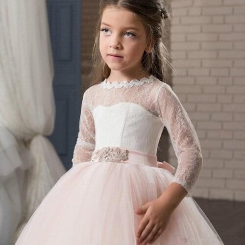 Flower Girls Dresses Beautiful Holy Communion Dresses Lace Long Sleeve Beaded Puffy Ball Gown Prom Pageant Dress For Girls