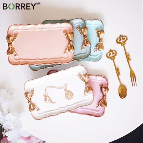 BORREY Coaster Resin Plate Cake fruit Plate Jewelry Storage Tray Cute Ornament Tray With Bow Serving Tray Storage Tableware