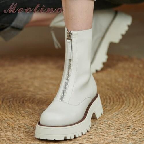 Meotina Genuine Leather Ankle Boots Shoes Women Round Toe Zipper Boots Platform Flat With Ladies Short Boots 2021 Autumn Beige