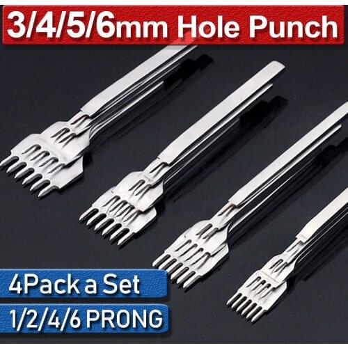 4Pcs Spacing Leather Prong Punch Tool 1/2/4/6 Prong Iron Leather Hole Punches 3/4/5/6mm Stitching Sewing Leather Craft Tools D30