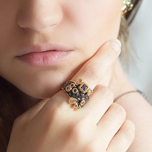 New Promotion Banquet Dinner party Black and Gold-color Multi AAA Cubic Zirconia Jewelry Luxury Ring