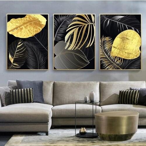 Luxury Black Golden Botanical Poster Tropical Leaves Wall Art Canvas Painting Modern Living Room Decor