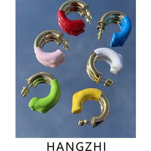 HANGZHI 2021 New Trendy Design Asymmetrical Color Drip-glazed C-shaped Stud Earrings for Women Girls Cool Fashion Party Jewelry