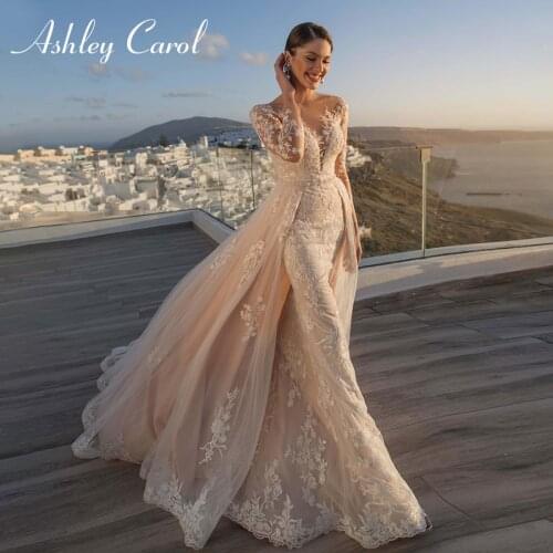 Ashley Carol Mermaid Wedding Dress 2021 Detachable Train Beaded Sashes Beach Bride Long Sleeve Sweetheart Appliques Bridal Gowns