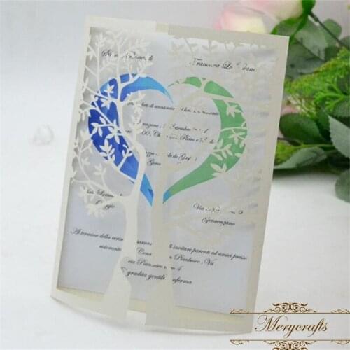 Tree laser cut beige pearl wedding invitation cards from Mery brand crafts