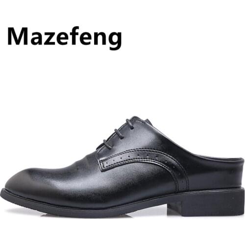 Mazefeng Increase Male Shoes Lace- Up Slippers Men Slippers Simple Casual Half Slippers Solid Outdoor Leather Slippers Round Toe
