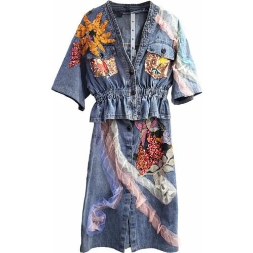 Spring Women Skirt Set Embroidery Flower Sequin V Neck Denim Top And Skirt Two Piece Set Blouse Skirt Suit Spring Summer