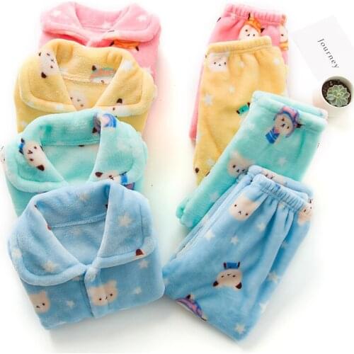 2018 High Quality Cotton Thick Baby Boy Girl Printing Pajamas Children Flannel Sleepwear Kids Pijama Set Coral Fleece Nightwear