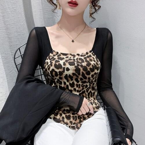 2021 Autumn Long Sleeve Womens T-Shirt Fashion Long Sleeve Leopard Patchworm Mesh Tops Shirt Women Clothing
