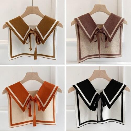 Navy Style Women Winter Knit Shawl Wrap Reversible Contrast Color False Collar Decorative Cape Bowknot Poncho Scarf