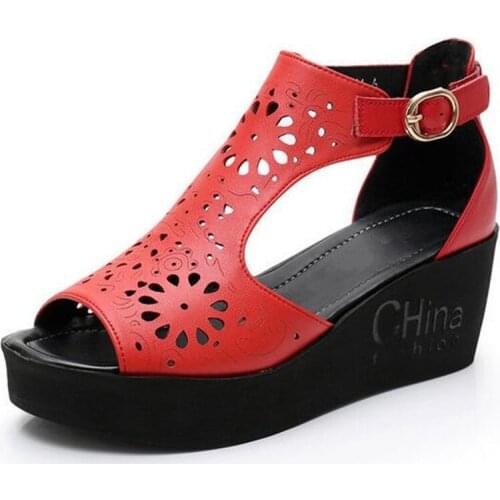Promotion 2020 New Hollow Genuine Leather Sandals Platform Wedge Sandals Women Summer Fashion Sandals Summer Shoes Woman Sandals
