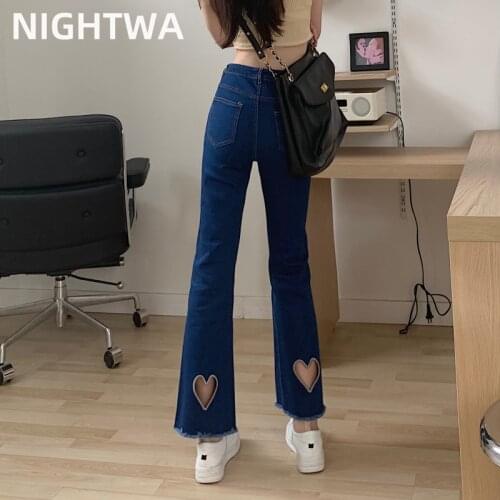 NIGHTWA Woman Jeans 2021 New Fashion Straight Pants High Waist Casual Streetwear Slim Jean Female Heart-shaped hollow Trouser