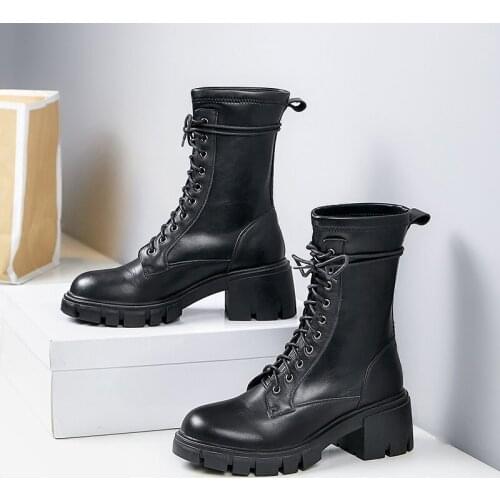 MEZEREON Women Martin Boots Full Grain Leather Winter Shoes Warm Plush Inside Cross-Tied Square Heel Good Fashion Short Botas