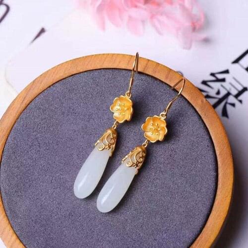 S925 Sterling Silver Magnolia Earrings Inlaid Natural Hetian Jade Magnolia Magnolia Gilding Elegant Female Eardrops Earrings
