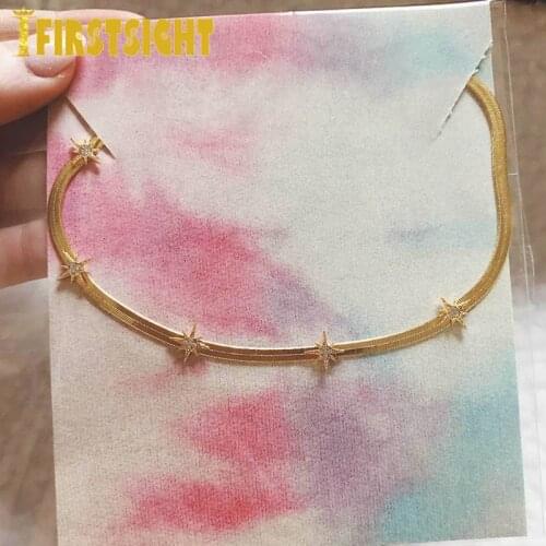 New Unique 5mm Snake Herringbone Chain Gold Silver Color Plated High Quality Iced Out Bling CZ Starburst Star Charm Women Choker
