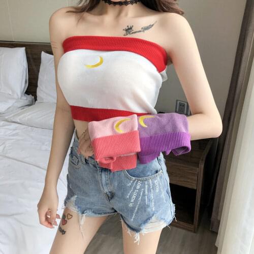 Women Corset Tops Summer Moon Print Tube Top Knitted Top Tank Camis Crop Top For Women