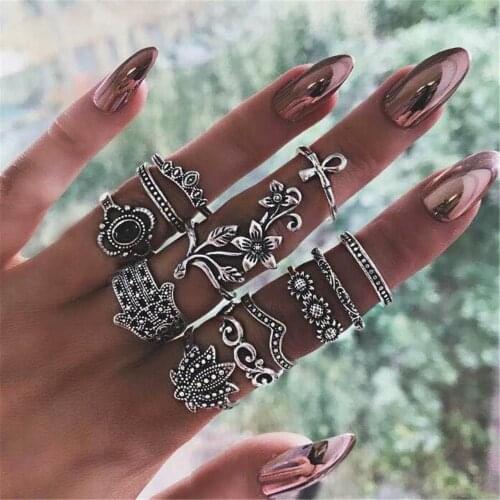 LXY-W Boho Vintage Fashion Geometric Silver Color Flower Palm Crown Set Ring For Women Trendy Personality Rings Jewelry Gift