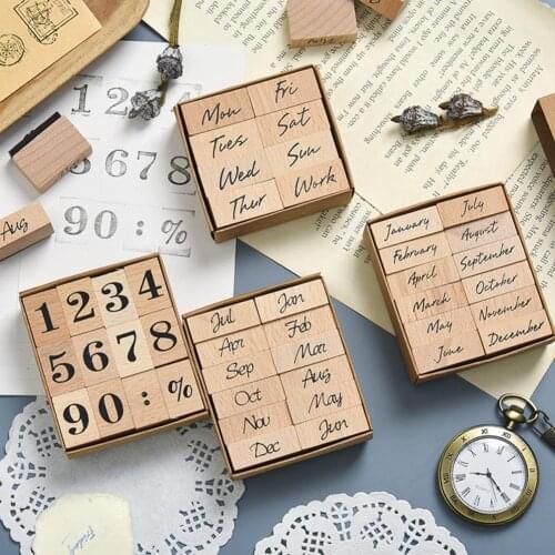 1 Set Vintage Stamp Cuboid Wear-resistant Retro Wooden Number English Months Weeks Seal Stamps Decor for Scrapbooking
