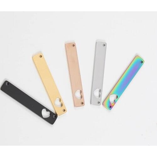 20pcs/Lot Mirror Polish Stainless Steel Rectangle Blank Bar Wtih Cut Out Heart Charms For DIY Making Necklace Accessories