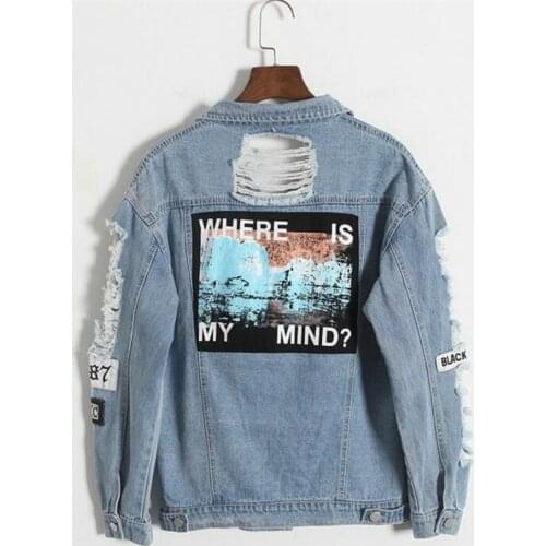 Women Frayed Denim Bomber Jacket Appliques Print Where Is My Mind Lady Vintage Elegant Outerwear Autumn Fashion Coat