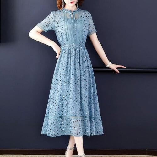 2021 New Womens Summer Dress Short-Sleeved Elegant Plus Size Over-The-Knee Floral Chiffon Dress Stretch Waist Print Dress Ld014