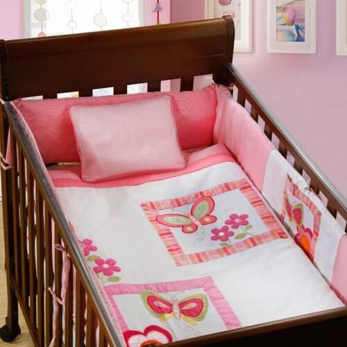 7PCS Embroidery pink 100% Cotton Baby Bedding Sheet Cot Bedding Set Baby Crib Set Cartoon cama infant(bumper+duvet+sheet+pillow)
