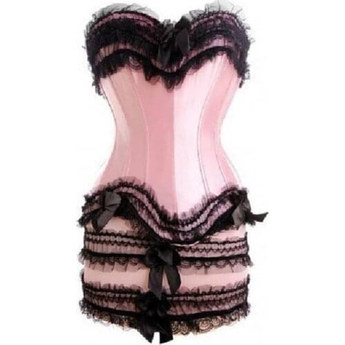 Sexy Corset Dress Satin Lace Bow Overbust Corset With Mini Skirt Clubwear Showgirl Body Shaper Bustier Set