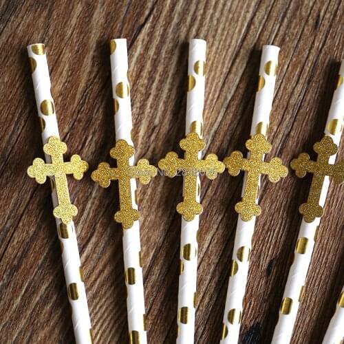 Glitter Cross Party Straws - Baptism Party Drinking Straws - First Communion Christening wedding baby shower birthday decor