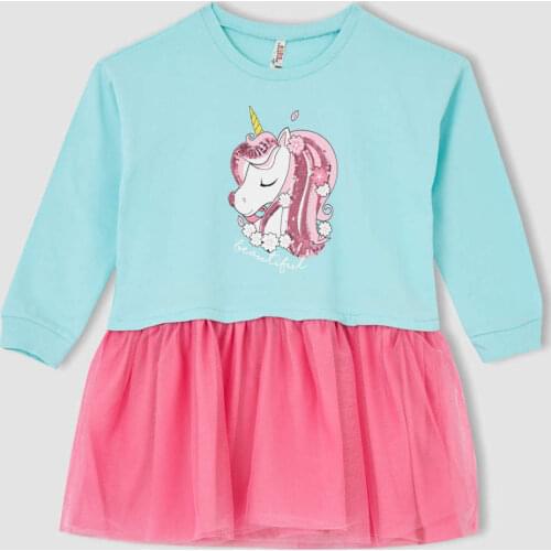 DeFacto Spring Girl Dresses Girl Unicorn Printed Tulle Detail Dress Kids Children Clothing Fashion-T4748A621SP