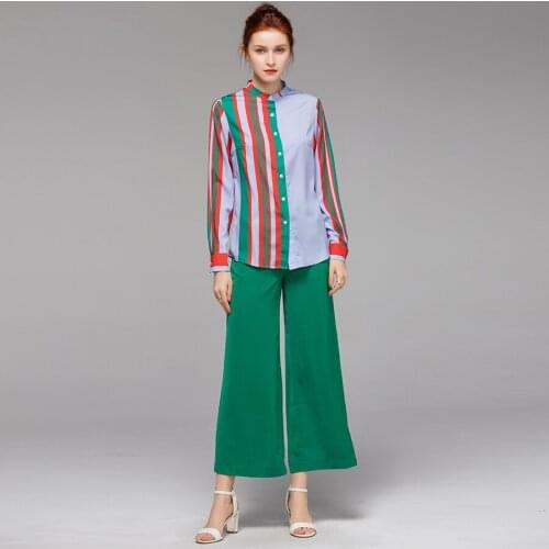 Design Casual Twinset New Office Women Summer 2021 Light Blue Vertical Stripes Blouse Tops + Green Bell-Bottomed Pants