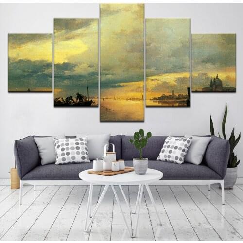Dusk coast and boat Landscape 5 Piece Wallpapers Art Canvas Print modern Poster Modular art painting for Living Room Home Decor