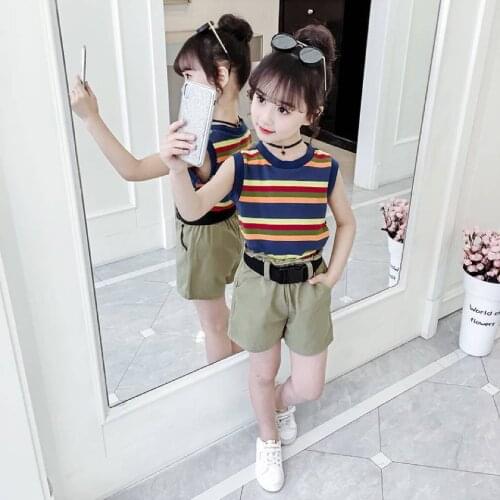 2-12 Yrs Fashion Girls Skinny Sleeveless Round Neck Pullover T-Shirts + Shorts 2Pcs Set Summer Baby Kids Girls Clothes Outfits